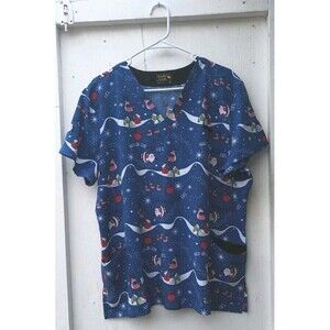 Sanibel Scrubs XL Blue Christmas Shirt Santa Uniform Nursing Top Work Women's